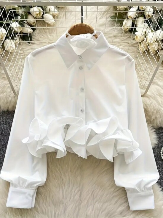 Tops - Short-sleeve Long-length Shirt with Lapel and Three-dimensional Lace Floral